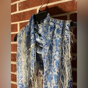 Floral Blue and White Silk Scarf. 40x37”